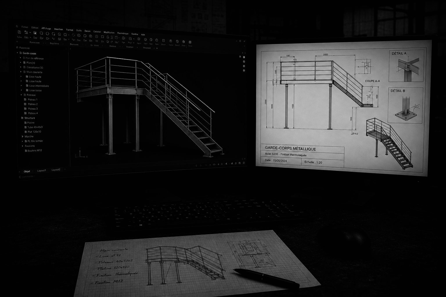 Modélisation 3D et plan coté d'un garde-corps métallique — bureau d'études RAM